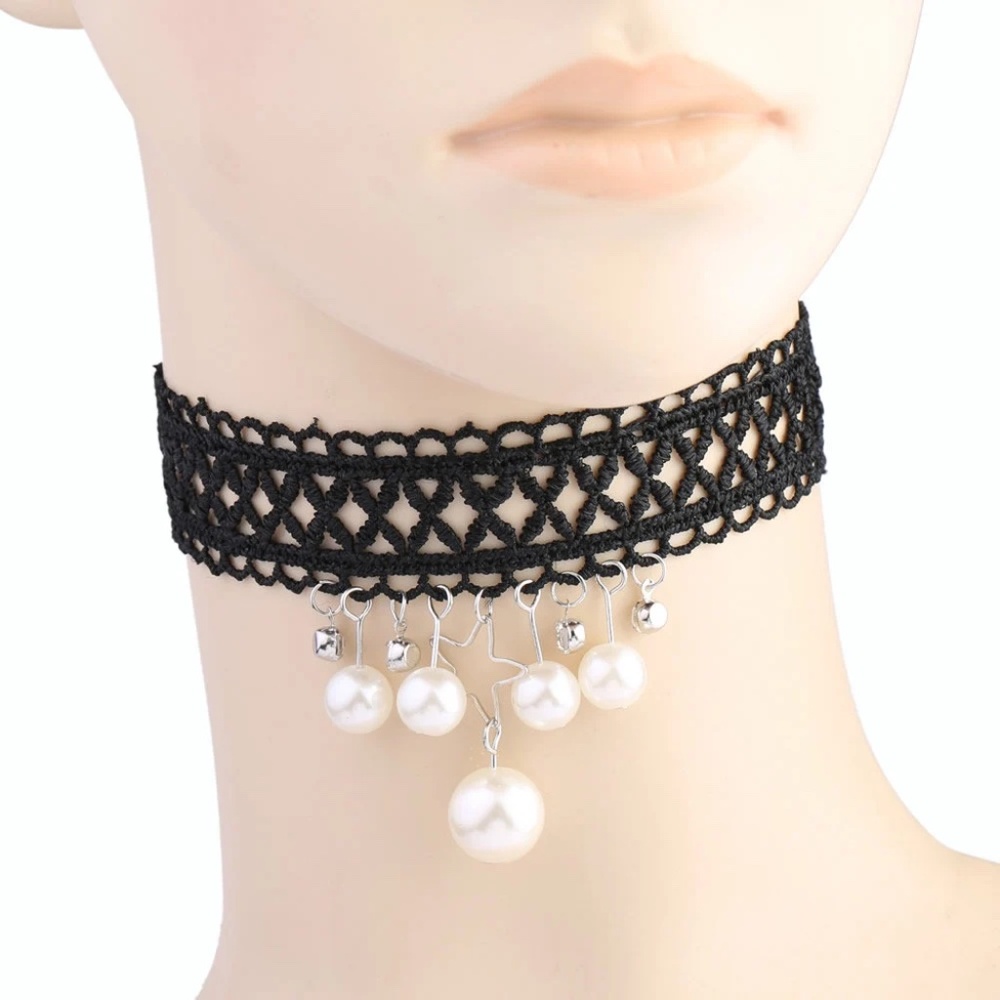 Cute Pearl Star Choker, Pearl Choker, Black Net Choker